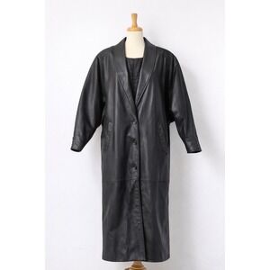 Vintage Black Leather Long Coat XS Dolman Sleeve Quilted Lined Trench Style USA